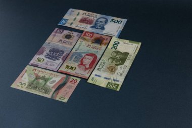 Yeni Meksika pezo faturaları mavi bir arkaplan üzerinde düzenlenmiş metin için boşluk ile