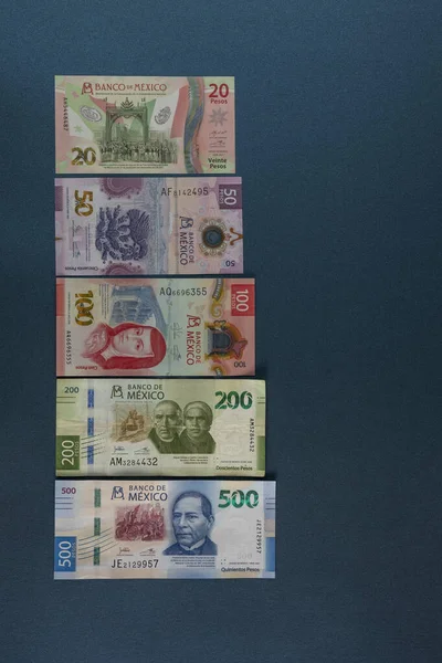 Notas novas de 20,50,100,200,500 pesos mexicanos dispostas sobre fundo azul — Fotografia de Stock