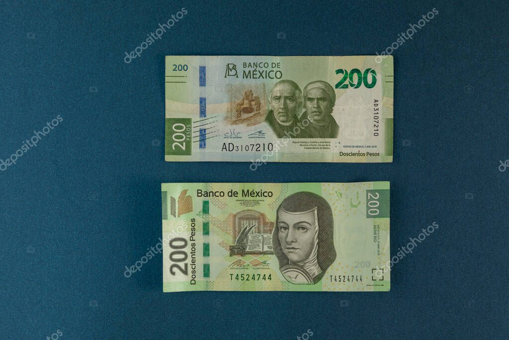 comparación de billetes de 200 pesos mexicanos, con fondo azul y