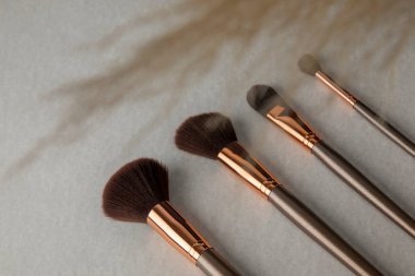 Önünde bulanıklık olan makyaj fırçaları ve boşluğu kopyala