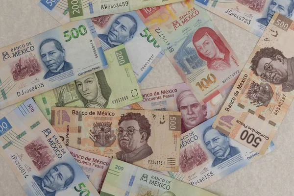 Antecedentes Pesos Mexicanos Letras Diferentes Denominações — Fotografia de Stock