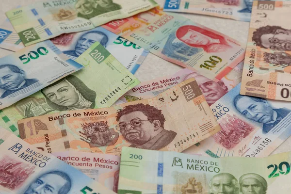Hintergrund Der Mexikanischen Pesos Banknoten Verschiedener Stückelungen — Stockfoto