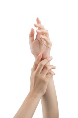 Young womans hands touching each other, with white background and copy space.