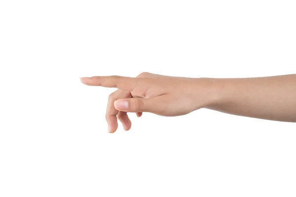 Kobieca Ręka Wskazująca Palcem Wskazującym Białym Tłem Przestrzenią Kopiowania — Zdjęcie stockowe