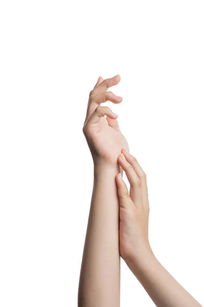 Young Womans Hands Touching Each Other White Background Copy Space — Stockfoto