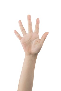 Woman showing the number two with hand signs, on white background.