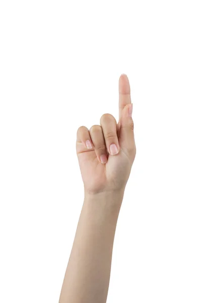 Kobieta Pokazuje Numer Jeden Znakami Dłoni Białym Tle — Zdjęcie stockowe