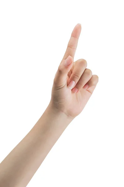 Woman Hand Pointing Finger White Background — Stockfoto