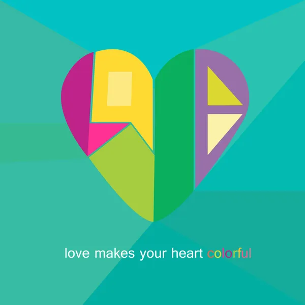 Aşk kalp Sevgililer günü tebrik kartı geometrik tarzı ve trendy renkleri ile soyut kelime aşk kalp şekli vektör — Stok Vektör