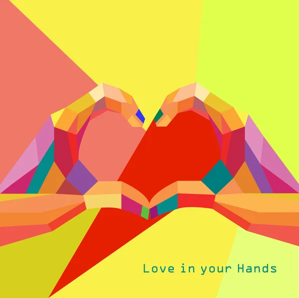 Liefde hart in handen Valentijnsdag wenskaart geometrische stijl en trendy kleuren romantische relatie concept vector — Stockvector