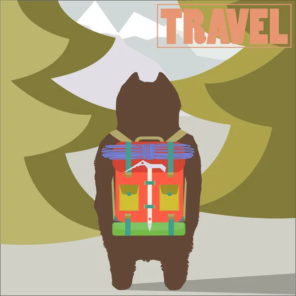 Ilustração do vetor do conceito da viagem com o viajante do urso do caminhante com a mochila que vai às montanhas para trás ver o projeto moderno da arte —  Vetores de Stock