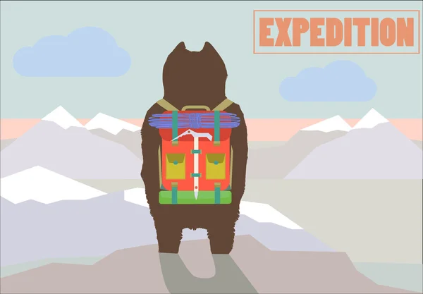 Expeditie concept vectorillustratie met wandelaar Beer reiziger reizen met rugzak staande op de berg top achteraanzicht trendy kunst design — Stockvector