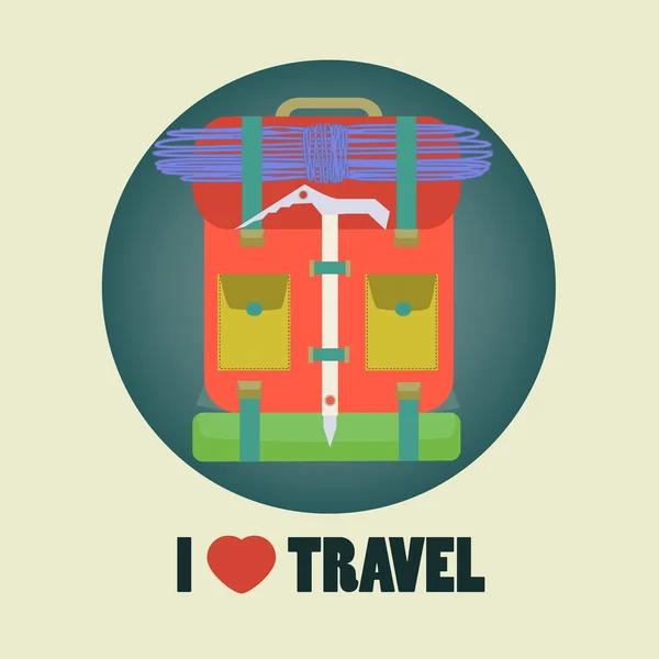 I love travel icon flat design with backpack in round illustration in vector — Stock Vector