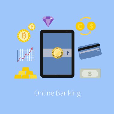 Online Bankacılık hizmet arabirimi ve e-ticaret finansal araçlar simgeleri ile tablet pc ekran flat tasarlamak vektör