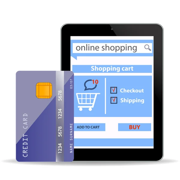 Концепция интернет-магазинов электронной коммерции с современным планшетным ПК и кредитной карты изолированы на белом фоне — стоковое фото