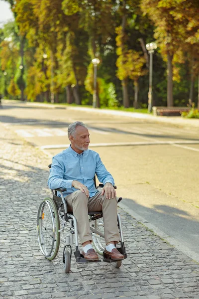 Orang tua di kursi roda sendirian di taman pada hari musim panas — Stok Foto