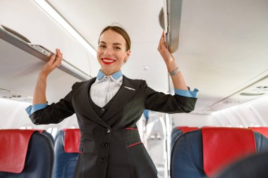 Joyful flight attendant standing in airplane passenger salon