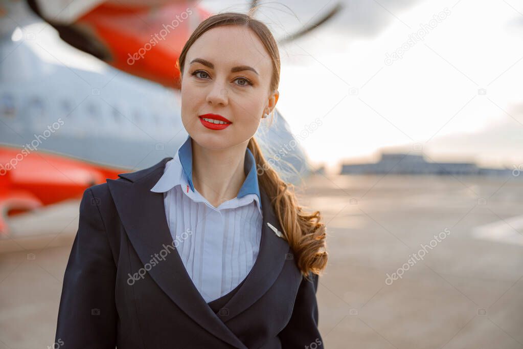 Female flight attendant standing outdoors at airport