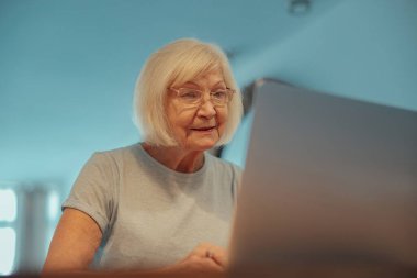 Kafkas yasli kadin içeride laptop 'da calisiyor.