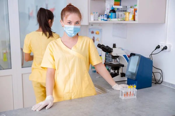Kvinnlig veterinär assistent arbetar i kliniskt laboratorium — Stockfoto