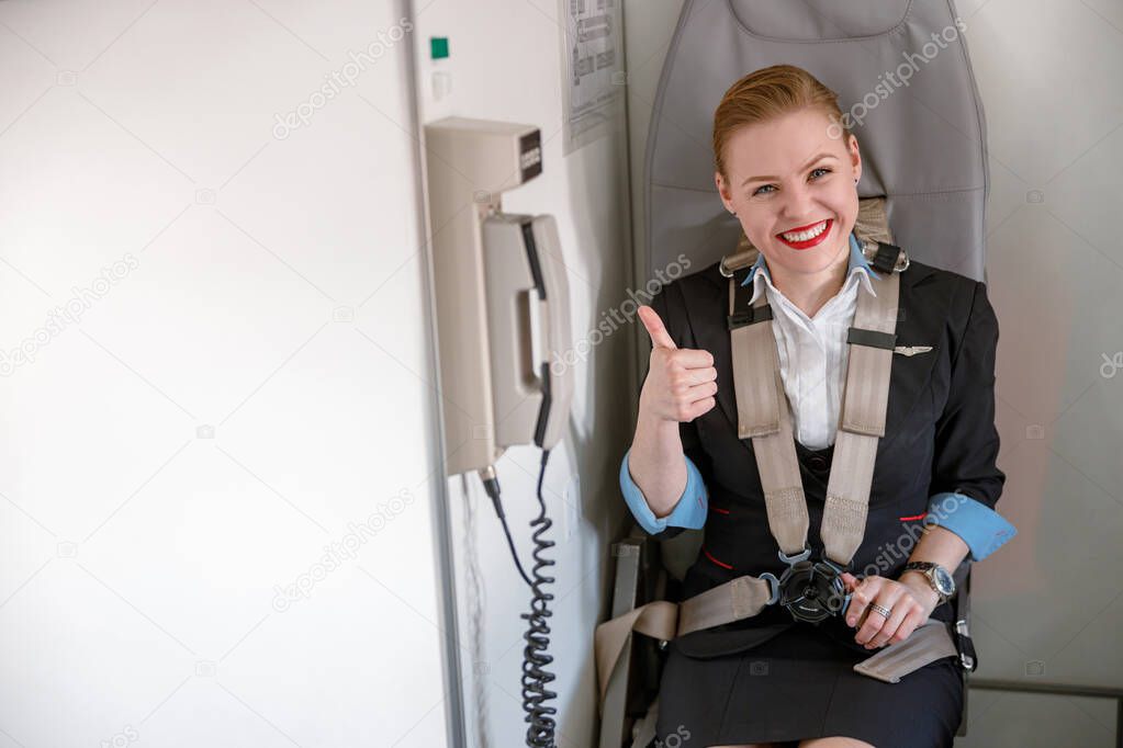 Cheerful stewardess doing thumbs up gesture in airplane cabin