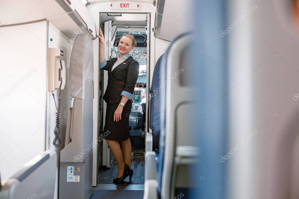Cheerful stewardess standing at exit door in airplane
