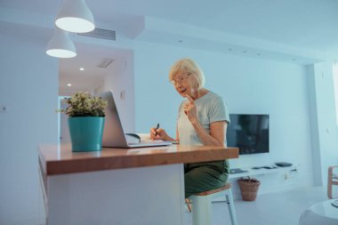 Üst düzey kadın içeride dizüstü bilgisayara bakıyor.