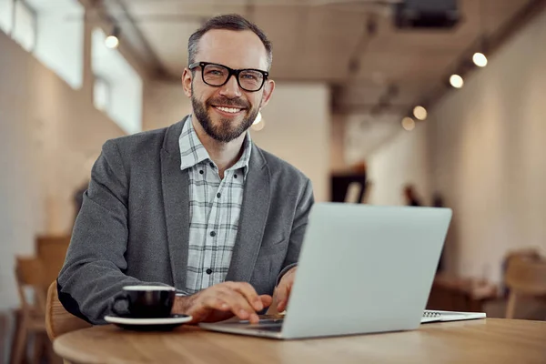 Munter skjeggete mann som bruker bærbar PC på kafe – stockfoto