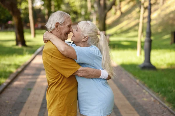 Sportif kıdemli eş ve koca parkta ayakta durmayı kucaklıyor.
