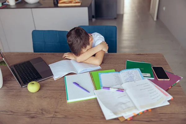 Small Teen Caucasian Schoolboy Sleeping Crying Table Textbooks Homework Lazy — Stock Photo, Image