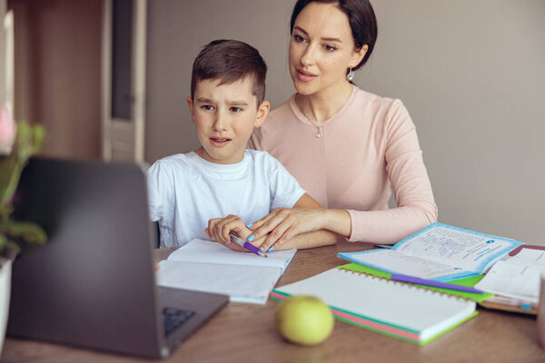 Portrait Mother Small Son Doing Homework Together Laptop Cozy Room Stock Picture