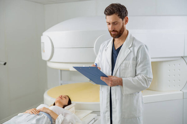 Radiologist Controls Mri Scan Patient Undergoing Procedure High Tech Medical Stock Picture