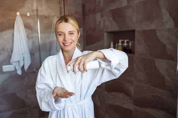 Happy Caucasian Young Pretty Woman White Gown Applying Lotion Hand — Stock Photo, Image