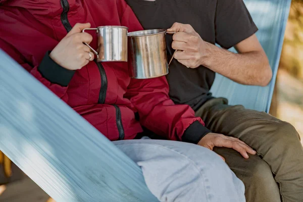 Close Steel Cups Coffee Tea Hands Man Woman Hammock Rest — Stockfoto