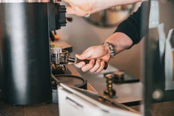 Barista Grinds Coffee Beans Pouring Portafilter Using Coffee Machine High — 스톡 사진
