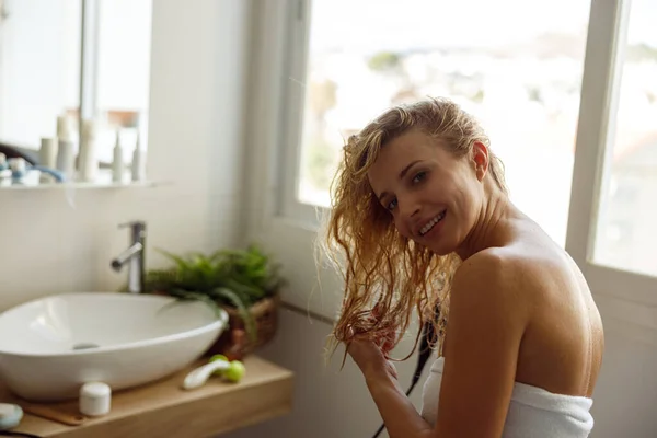 Happy Young Pretty Female Drying Wet Hair Bathroom Laughing Shower — Stockfoto
