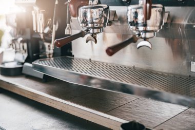 Close-Up of coffee machine ready to work in coffee shop. High quality photo