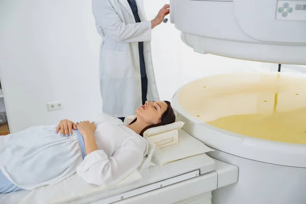 Patient is ready to do magnetic resonance imaging MRI or CT scan. High-Tech modern medical equipment