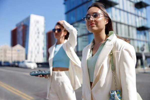 Women Trendy Outfits Laugh Walk Business Center Blurred Background — Fotografia de Stock