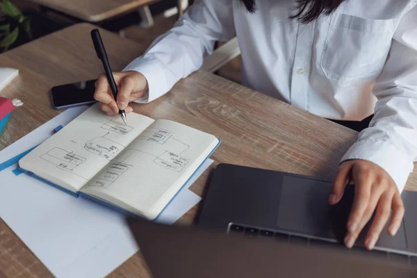 Close Woman Hands Working Keyboard Computer Making Notes Office — Foto Stock