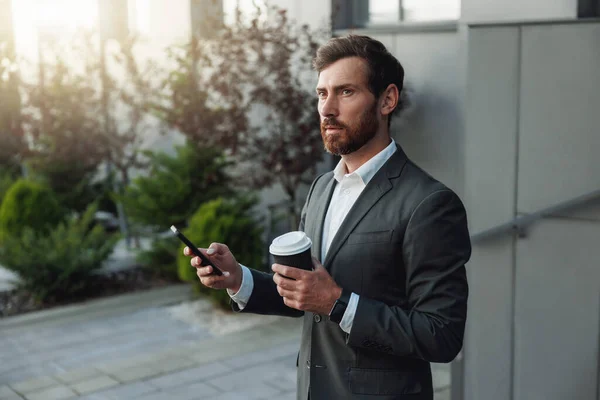 Businessman Suit Phone Drinking Coffee Office Building Business Concept — Foto de Stock