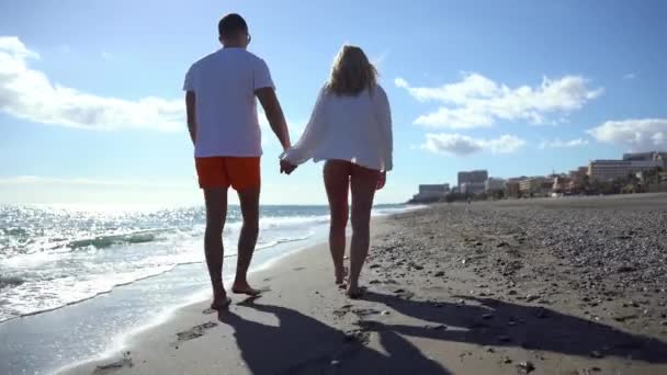 Carefree Lady Her Boyfriend Walking Sandy Beach Ocean Sunset Holding — Stock Video