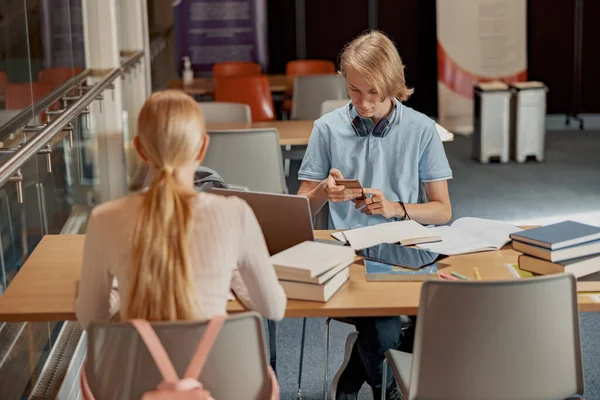 Two Talented Students Working Together University Project Sitting Library Education — Stok Foto