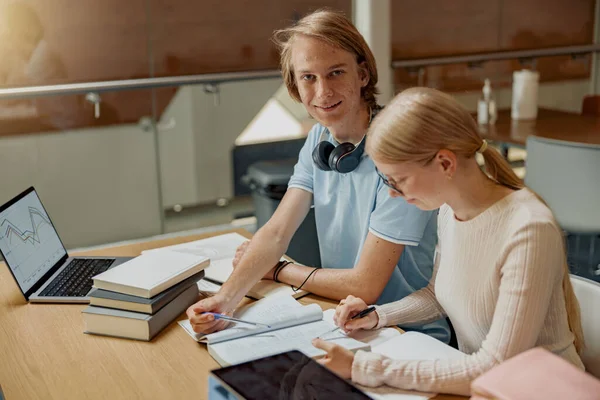 Two Talented Students Working Together University Project Sitting Library Blurred — Foto Stock