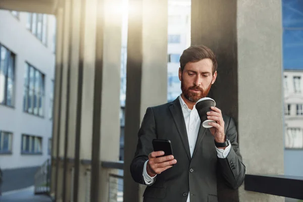 Businessman Suit Phone Drinking Coffee Office Building Business Concept — Foto de Stock
