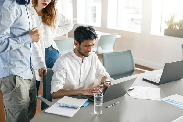 Diverse Coworkers Analyzing Sales Report While Working Together Office Blurred — Photo