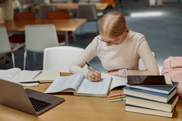 Young Talented Female Student Sitting University Library Prepare Exam Education — Stock Photo, Image