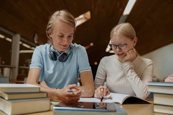 Students Sit Library Take Notes While Preparing Exam High Quality — Stockfoto