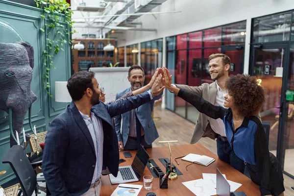Business People Putting Hands Together While Standing Modern Coworking High — Stockfoto