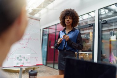 Toplantıda bayan antrenör ya da konuşmacı çeşitli iş adamlarına taktik çizelgesi sunumu yaptı